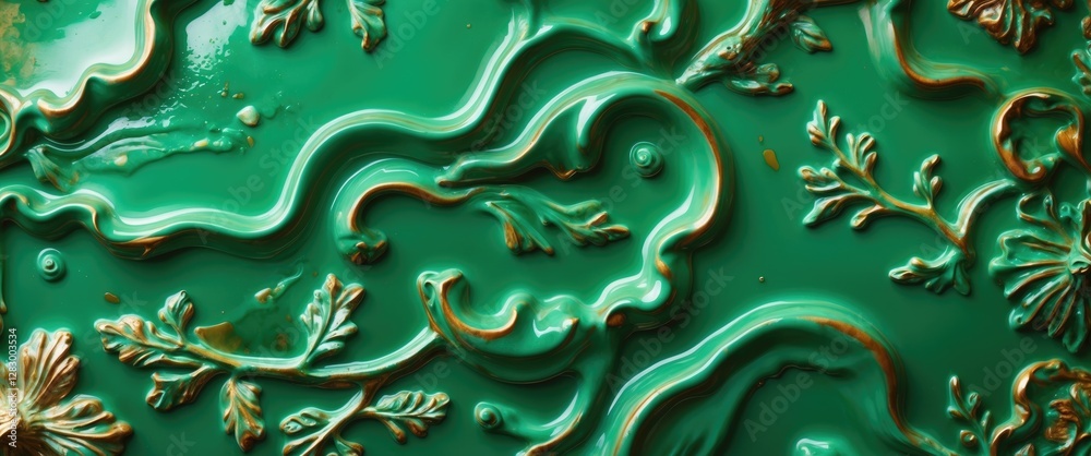 Poster textured green and gold ornate decorative surface with floral patterns and flowing lines in a minima
