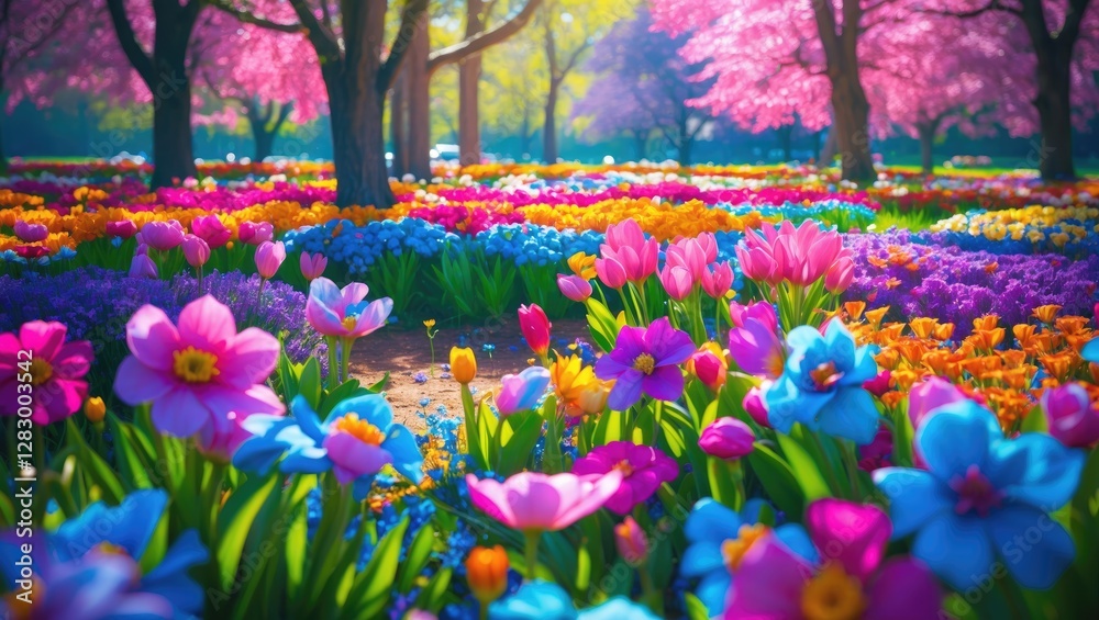 Poster vibrant spring flower garden with diverse colorful blossoms in a sunny park setting with trees and b
