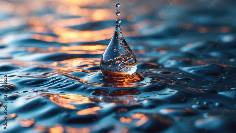 Poster water droplet creating ripples on the surface of dark blue water with warm light reflections in the 