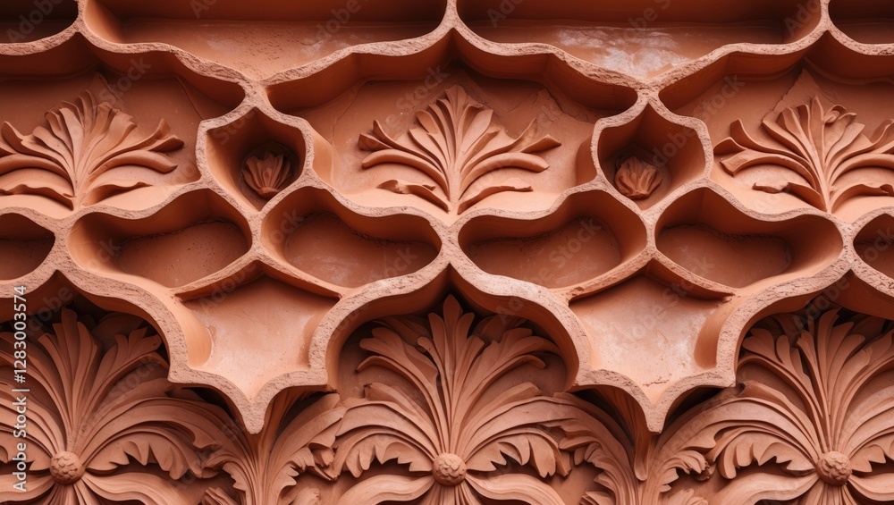 Poster decorative plasterwork with intricate floral patterns in terracotta color displaying traditional cra