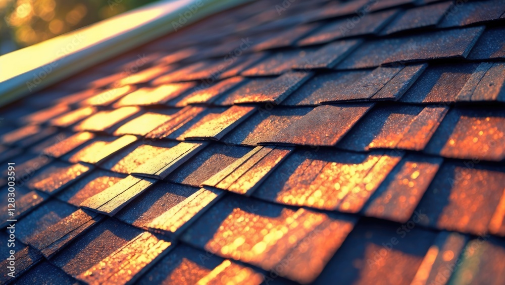 Poster Close-up view of textured roof shingles with sunlight reflections creating a warm color palette and highlighting the architectural details.