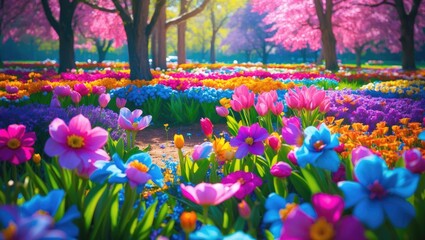 Vibrant spring flower garden with diverse colorful blossoms in a sunny park setting with trees and blooming flowers