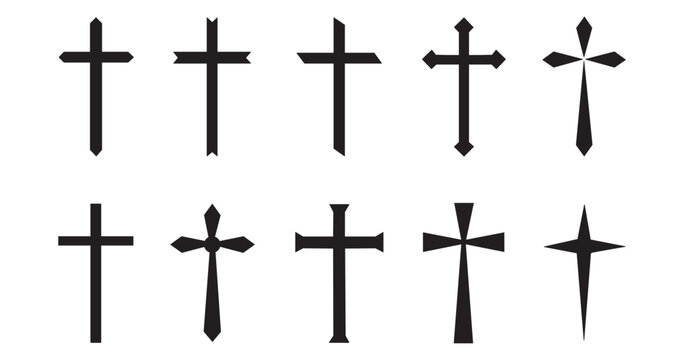 Christian cross catholic icon collection. Different style religious symbol set