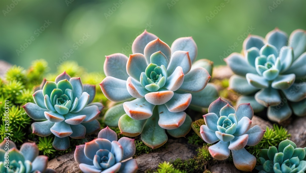 Poster close-up of various succulent plants in natural setting with green moss and blurred background. perf