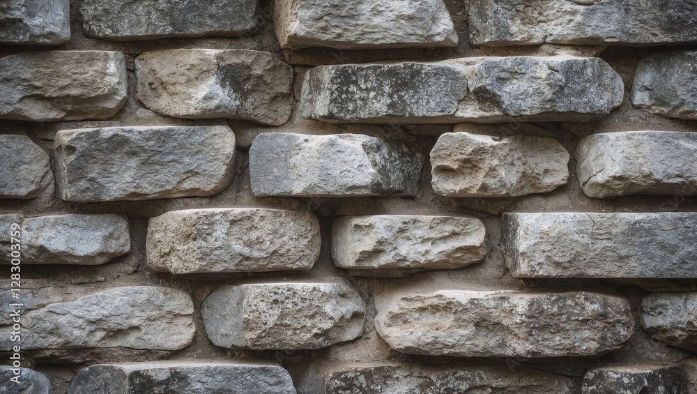 Poster textured stone wall made of irregularly shaped gray stones arranged in a tight pattern with visible 