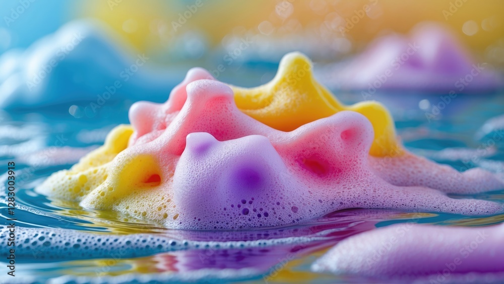 Poster Colorful foam bubbles floating on water surface with a soft blurred background