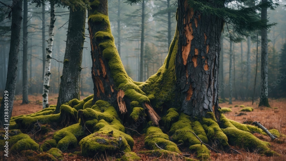 Poster moss covered tree roots in a misty forest setting with tall trees and brown foliage on the ground