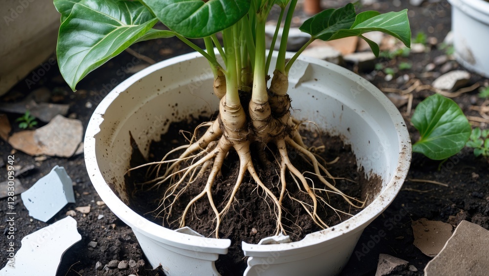 Poster roots of a plant growing in a broken white pot with soil and stones in the background depicting an i
