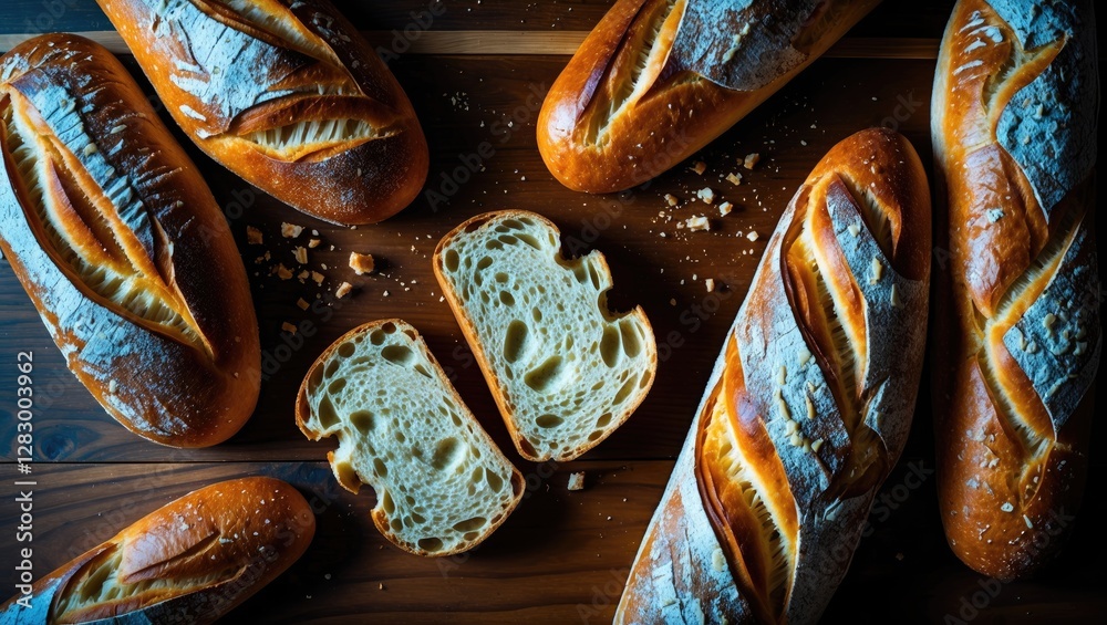 Poster freshly baked artisan bread loaves with one sliced showing soft texture on wooden board background
