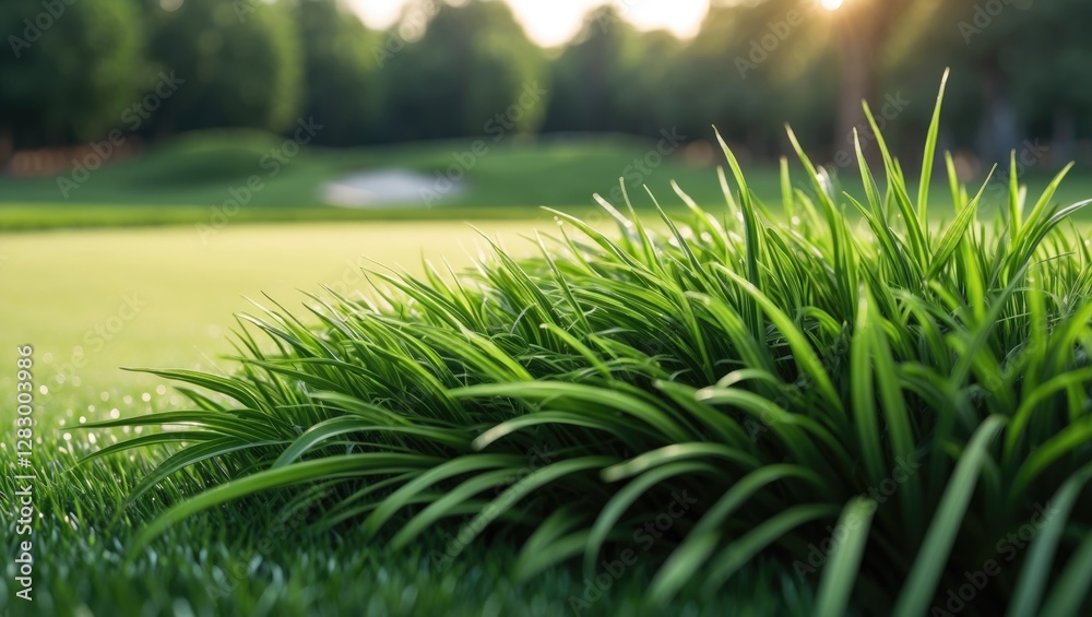 Poster close-up view of lush green grass on a golf course with blurred background under soft sunlight in th