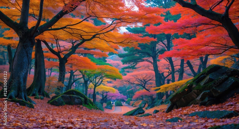 Poster autumn landscape with vibrant red and orange foliage in a tranquil forest path surrounded by trees a