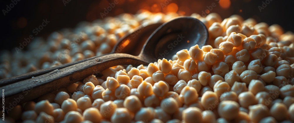 Poster raw chickpeas with a wooden spoon partially buried in the pile, illuminated by soft, warm lighting c