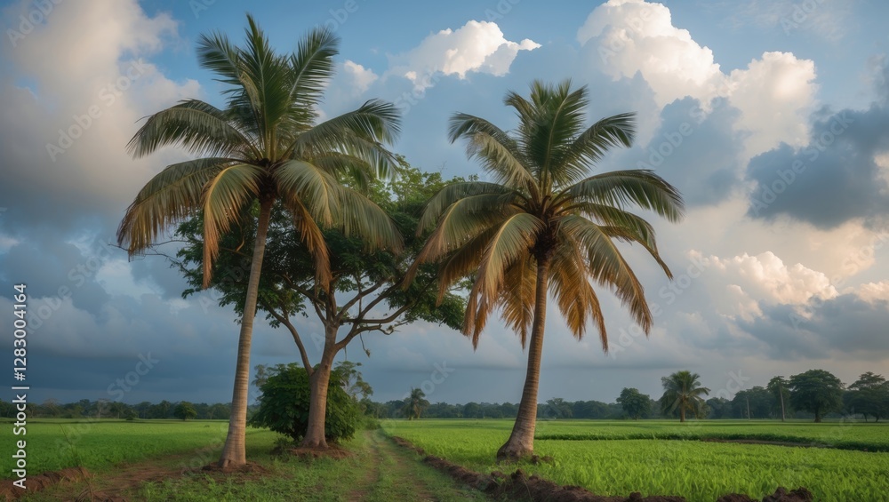 Poster palm trees along a pathway in a green rice field under a cloudy sky during golden hour light