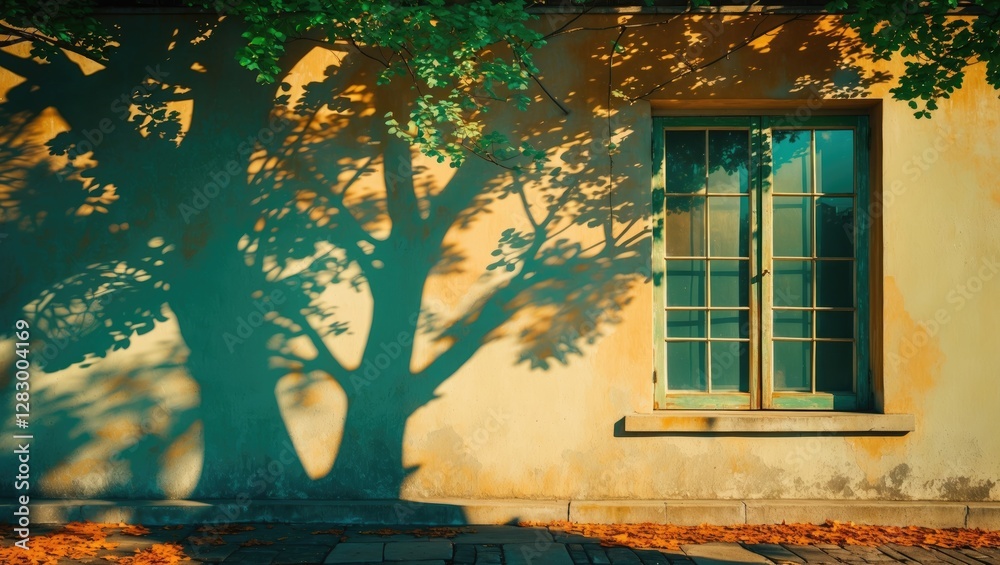 Poster shadow of a tree cast on a textured wall beside a vintage window with green frames during golden hou