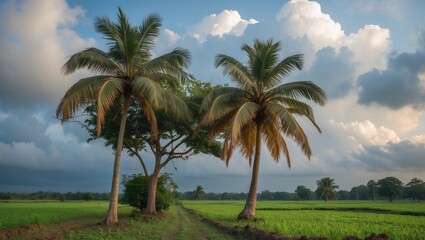 Palm trees along a pathway in a green rice field under a cloudy sky during golden hour light