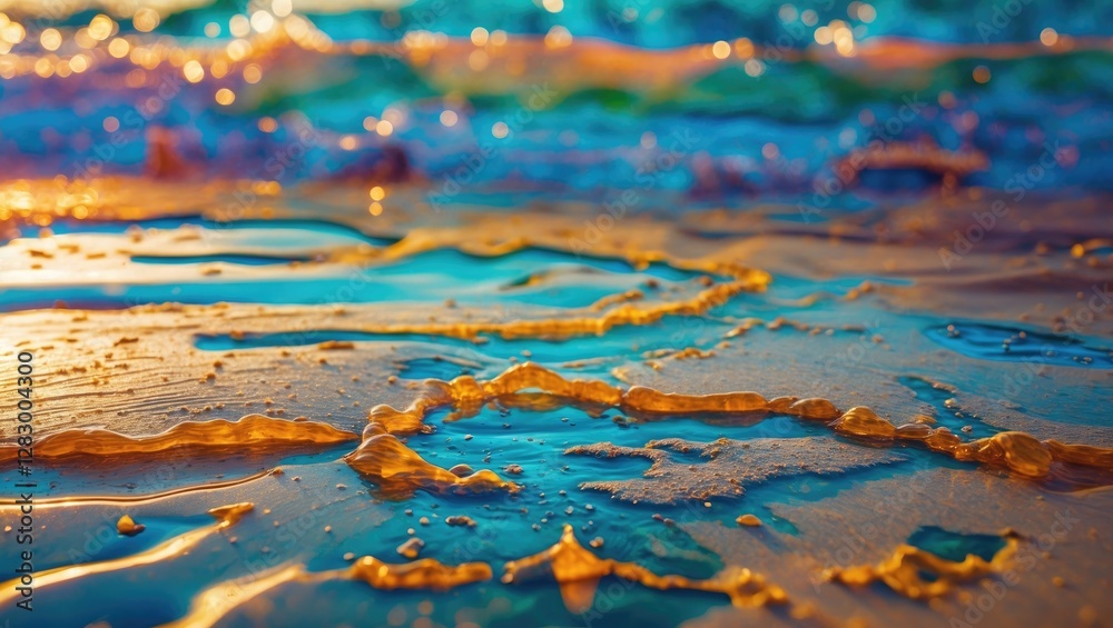 Poster close-up view of colorful ocean waves and foam on wet sand during sunset with vivid reflections and 