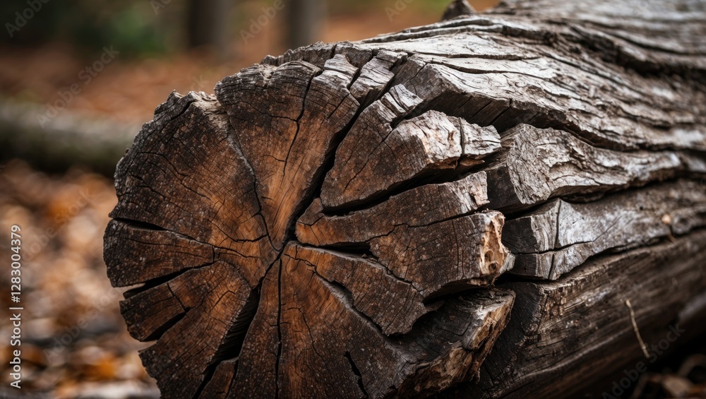 Poster close-up view of an old tree stump with detailed bark texture and cracks in a natural forest setting