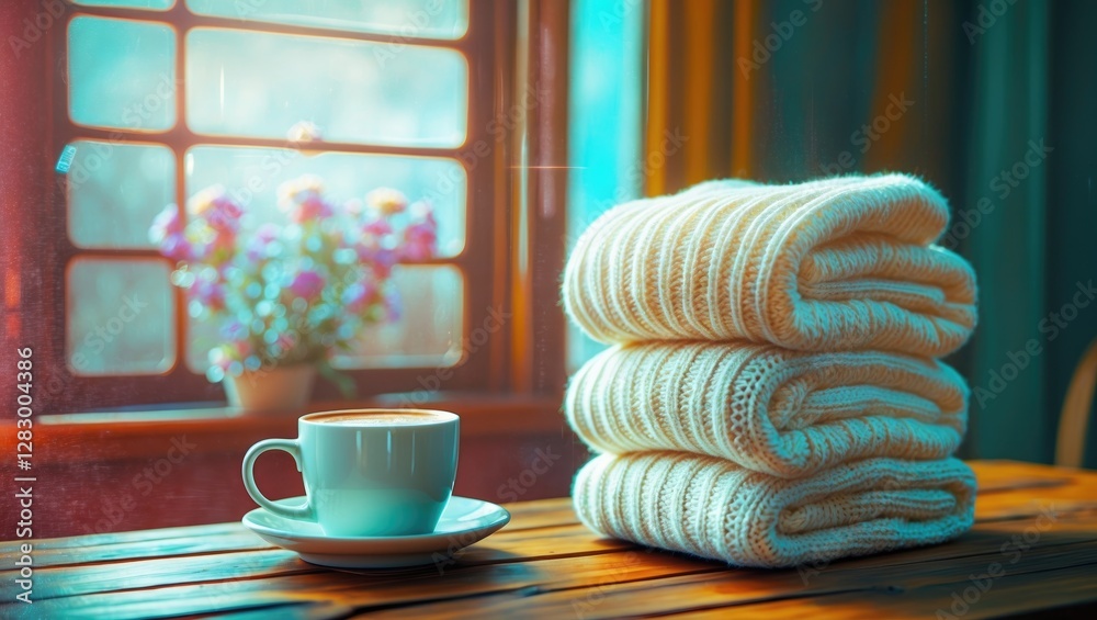 Poster coffee cup with saucer next to neatly folded cozy towels on wooden table in bright room with window 