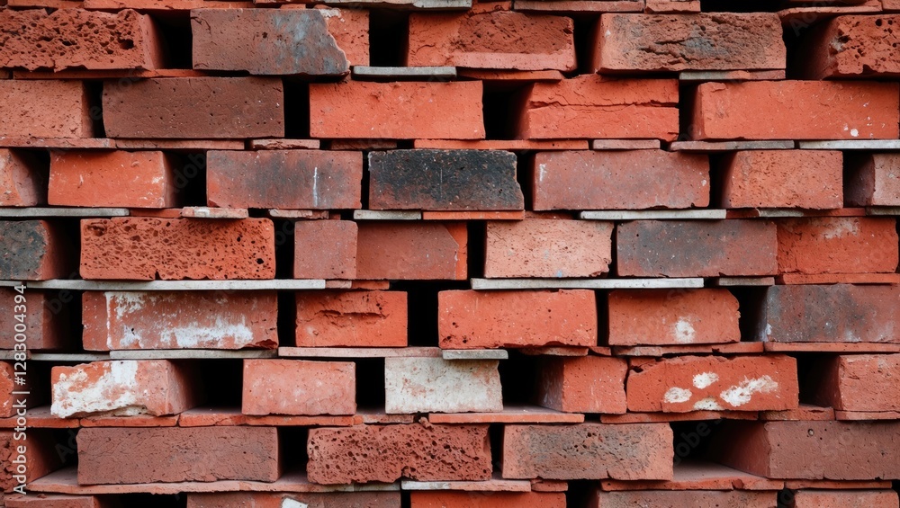 Poster Red brick wall texture building material background with various shapes and sizes of bricks stacked neatly
