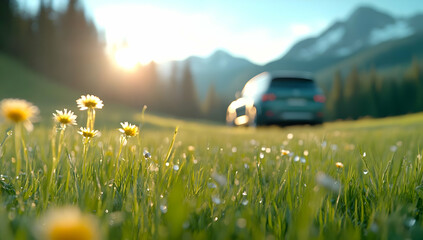 SUV parked in mountain meadow at sunrise; wildflowers in foreground; perfect for travel brochures or automotive advertising