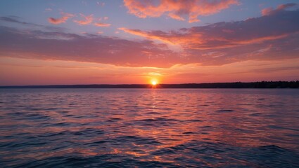 Obraz premium Sunset over calm water with vibrant orange and purple hues reflecting on the surface at dusk with distant shoreline in background