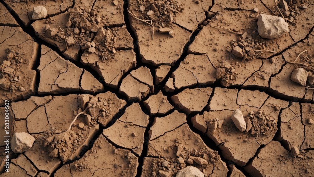 Poster Dry cracked soil with small rocks and uneven surface texture in arid environment background.