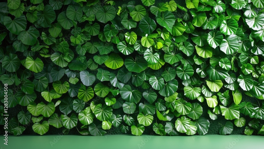 Poster Lush green leaf wall texture with various shapes and sizes of leaves creating a natural backdrop for interior design concepts