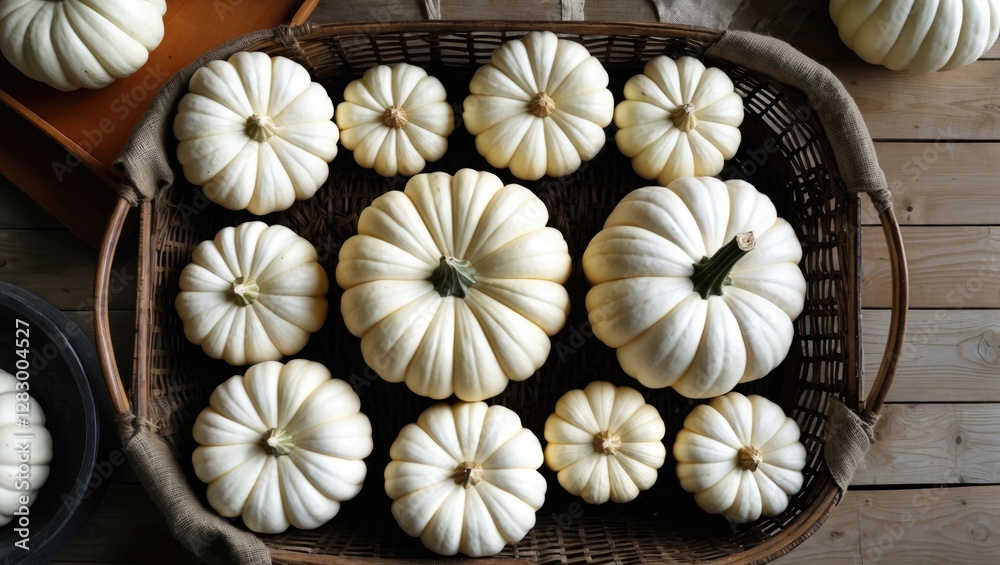 Poster white pumpkins arranged in a wicker basket on a wooden surface displayed in various sizes and shapes