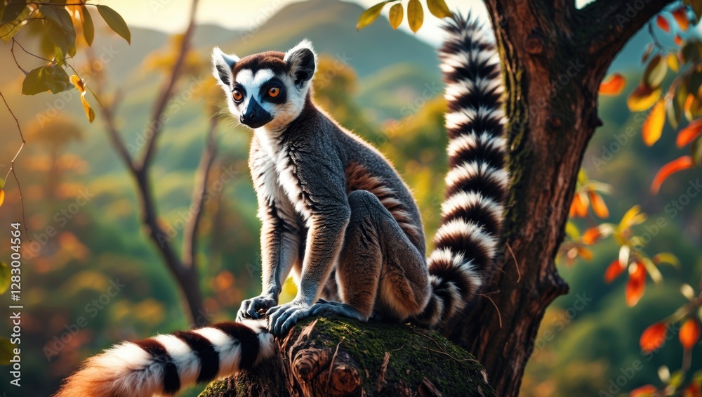 Poster lemur sitting on a mossy log with a blurred forest background during golden hour light
