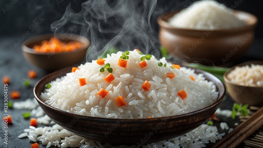 Poster steaming white rice with diced carrots and green peas served in a rustic bowl on a dark textured sur