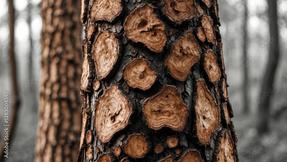 Aufkleber Close-up view of textured tree bark with distinct patterns and colors in natural forest setting