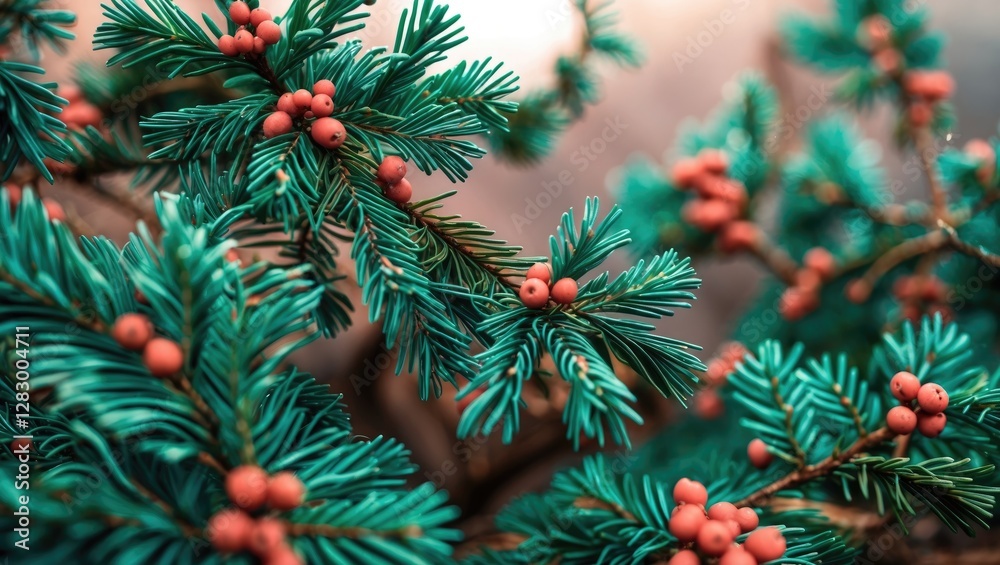 Poster close-up of evergreen branches with red berries showcasing detailed texture and vibrant colors in a 