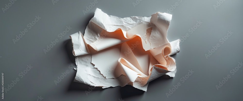 Poster crumpled paper sheet with textured surface placed on gray background in minimalistic style