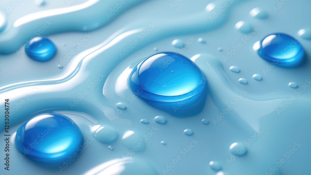 Poster macro shot of water droplets on a smooth blue surface with reflections and highlights creating a glo