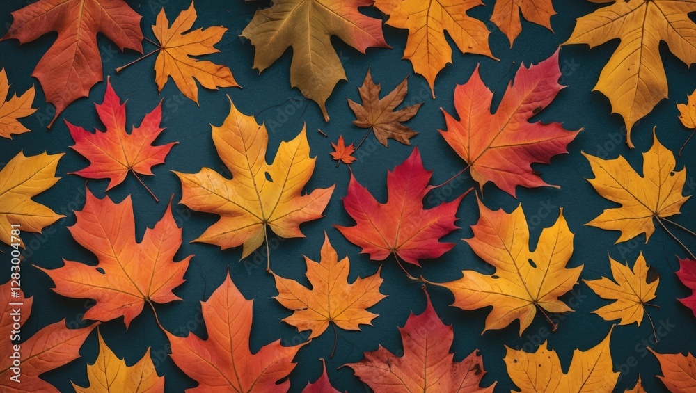Poster autumn leaves in various colors including orange, yellow and red displayed on a dark background in a