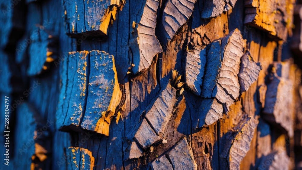 Poster textured bark of a tree in close-up showcasing unique patterns and colors illuminated by natural lig