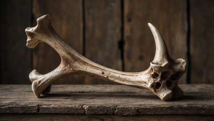 Fototapeta premium Old animal bone placed artistically on a rustic wooden surface with a blurred natural background enhancing its aged texture and details.
