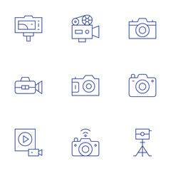 Camera icons set. Thin Line style, editable stroke. movie camera, camera T, camera tripod, camera, video recording, videocamera, video