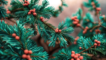 Close-up of evergreen branches with red berries showcasing detailed texture and vibrant colors in a natural setting