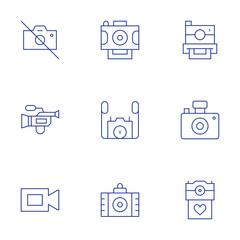 Camera icons set. Thin Line style, editable stroke. no camera, camera T, video camera, photo camera, camera