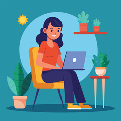 a girl is using his laptop vector	
