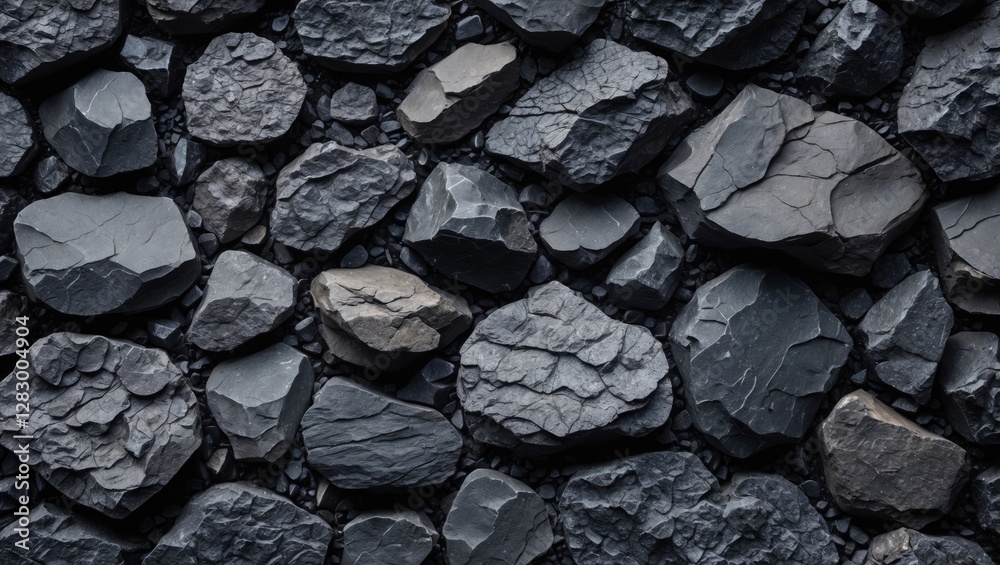 Poster black natural stone texture background with various sizes of dark rocks and pebbles arranged randoml