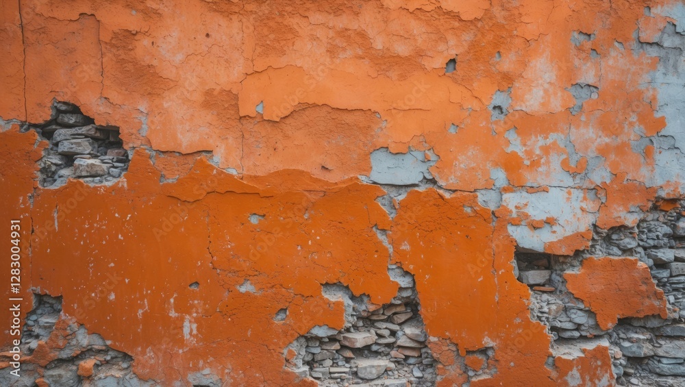Poster textured orange wall with chipped paint and exposed rough stone surface creating a rustic and weathe
