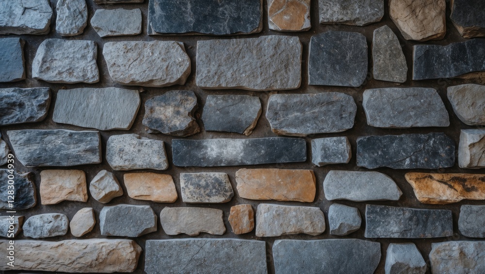 Poster textured stone wall made of various sizes and colors of natural stones arranged in a pattern