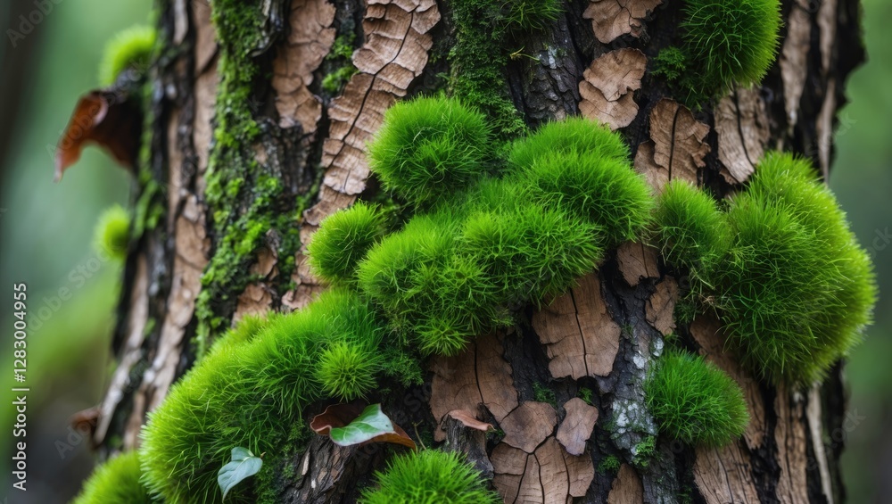 Aufkleber Close-up of vibrant green moss and lichen on the textured bark of a tree in a forest environment
