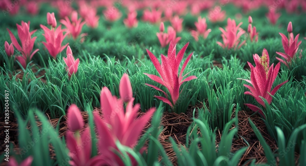 Poster vibrant pink flowers growing in a lush green field with an emphasis on texture and depth of field.