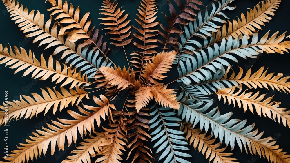 Poster Multicolored dried fern leaves arranged in a radial pattern on a dark surface creating a natural texture background