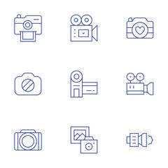 Camera icons set. Thin Line style, editable stroke. photo camera, camera T, polaroid, camera, videocamera, camcorder, photography