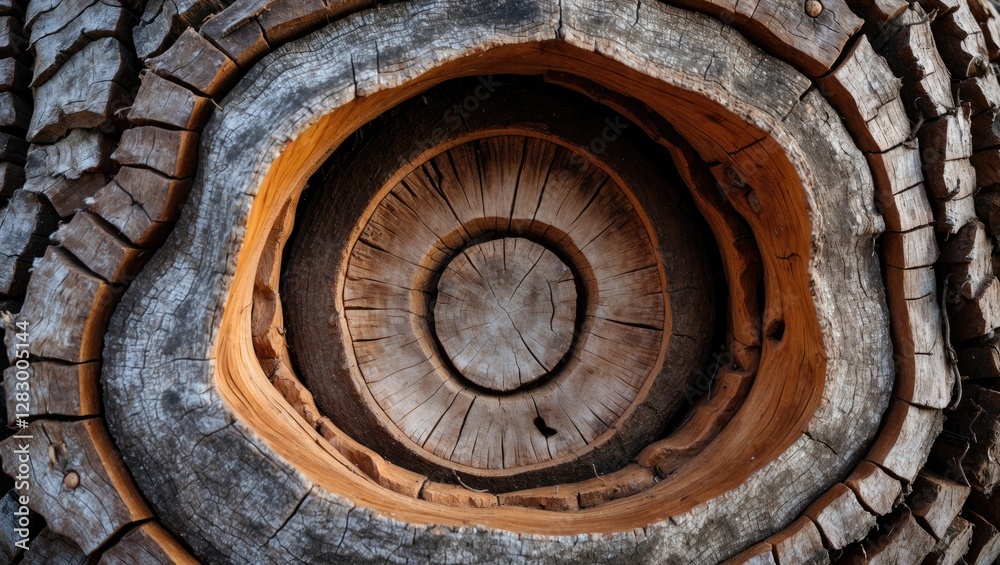 Poster circular hollow texture in tree bark with intricate wood patterns suitable for background or text ov