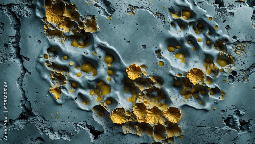 Aufkleber Microscopic view of textured surface with yellow and gold colored formations on a blue-grey background